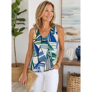 Chicos 00 XS Sleeveless Knit Tank Top Abstract Geometric Print V-neck Blue Green
